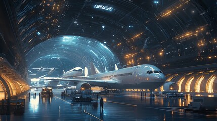 Futuristic airport with advanced airplanes and neon lighting.