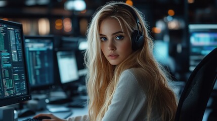 A young woman with headphones working on a computer in a dimly lit space.
