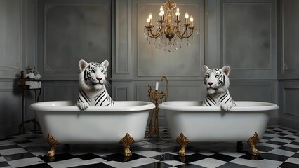 Two white tigers in a bathroom