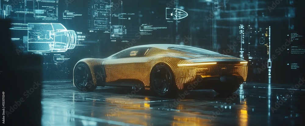 Poster futuristic car design with digital interface and holographic elements.