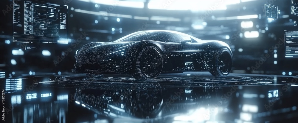 Poster futuristic car design displayed in a high-tech digital environment.