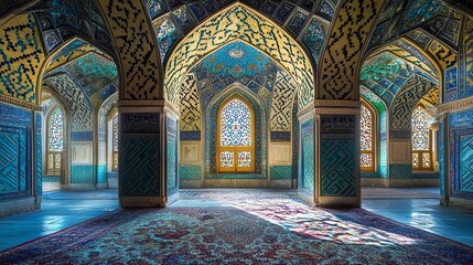 Obraz premium Intricate patterns adorn the serene and colorful interior space.