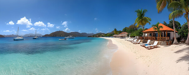 Naklejka premium Tropical Beach Paradise, Idyllic Island Getaway with Crystal-Clear Waters and Sandy Shores