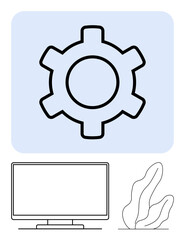 Obraz premium Gear cog icon on a blue background positioned above a minimalist outline of a computer monitor and a plant. Ideal for technology, productivity, innovation, hardware, software, growth, and workspace