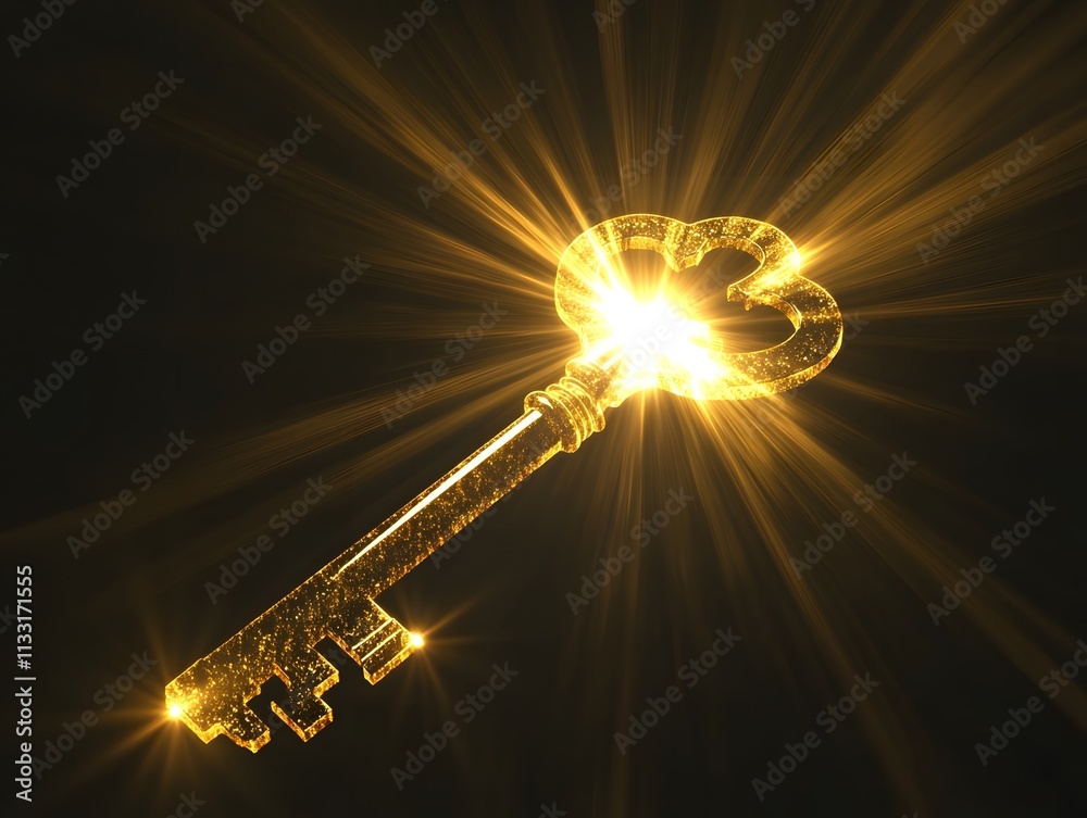 Poster Shining Golden Key with Glowing Light Rays Symbolizing Unlocking Opportunities and Hidden Treasures in a Mysterious Realm of Possibilities and Secrets
