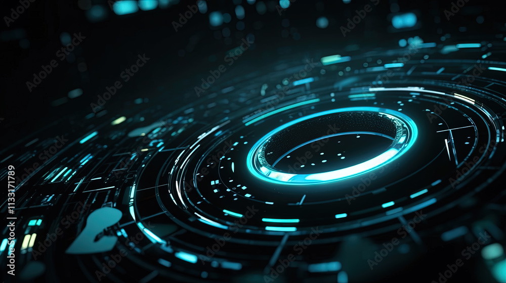 Poster Technology abstract background with hud styled round interface elements in neon tech light.