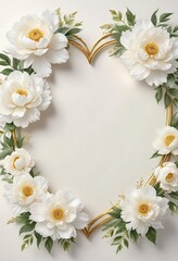 Watercolor white peony heart frame with gold accents on white background, romantic, floral, white