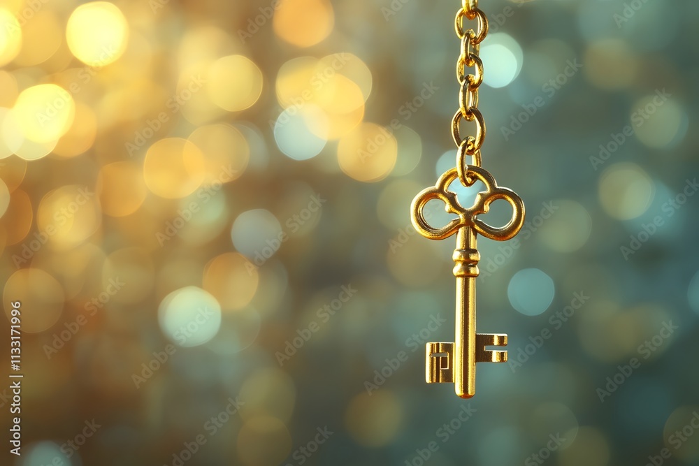 Poster Elegant Gold Key Hanging on a Chain Against a Soft Bokeh Background with Warm Tones for Themes of Unlocking, Opportunities, and Secrets in Artistic Photography