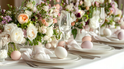 An elegant Easter table setting with white plates, pastel-colored napkins, decorated eggs, and fresh flowers for a formal dinner