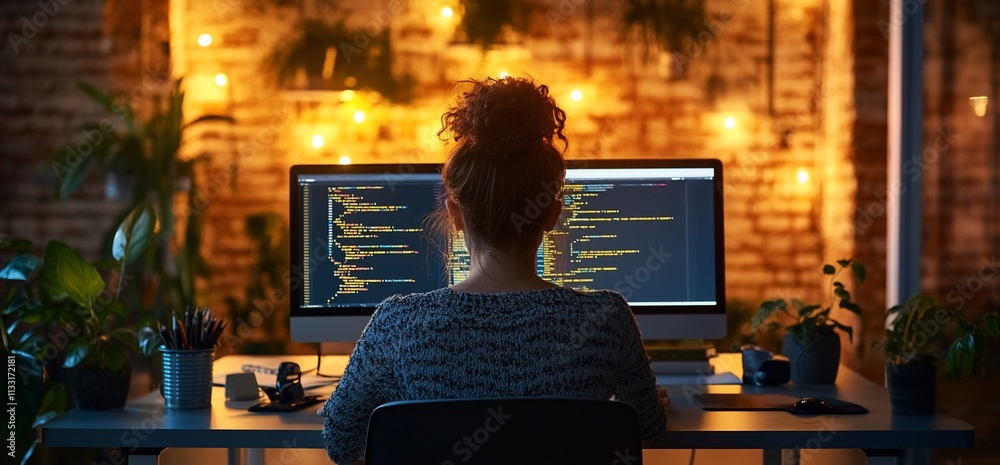 Aufkleber Person coding on a computer in a cozy, illuminated workspace.
