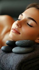 Serene Spa Treatment, Woman Relaxing with Smooth, Dark Stones on Soft Towel
