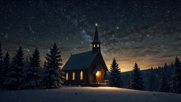 A small, snowy church under a starry night sky, nestled in a pine forest. Warm light shines from the windows.

 - Powered by Adobe