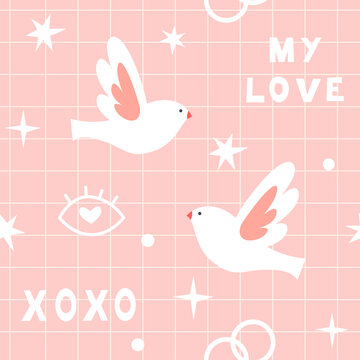 Fototapeta Pink retro pattern for Valentine's Day. Birds, inscriptions