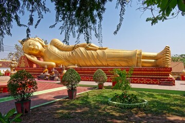 The reclining Buddha statue at Phi That Luang temple in Vientiane, Laos, which is surrounded by potted plants and a brick walkway.