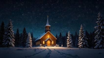Fototapeta premium A small, warm-lit church stands in a snowy forest at night, under a starry sky.
