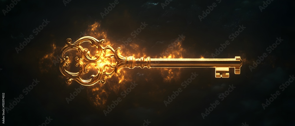 Aufkleber illuminated golden key with ornate design surrounded by a mystical golden glow against a dark backgr