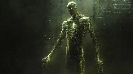 Fototapeta premium A dark, ethereal figure is positioned in a low-light environment, its form appearing translucent and wispy, adding a sense of mystery and intrigue to the surroundings.