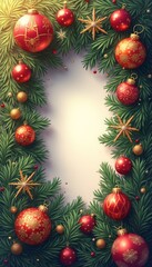 A vibrant frame of lush green pine branches adorned with shimmering red and gold ornaments creates a festive atmosphere. This enchanting design captures the spirit of Christmas, inviting warmth and