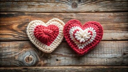 Fototapeta premium Beautiful heart crochet knitting Rustic Wood generative ai