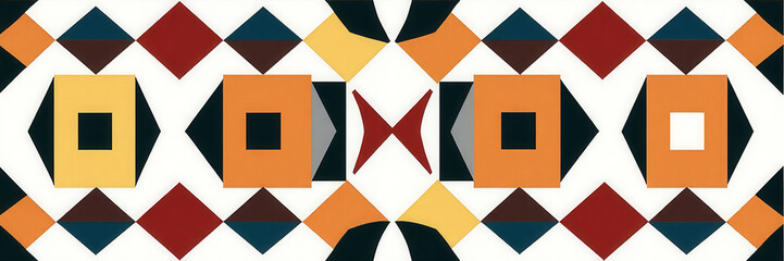 Obraz premium A colorful patterned design with squares and triangles. The colors are red, yellow, and blue