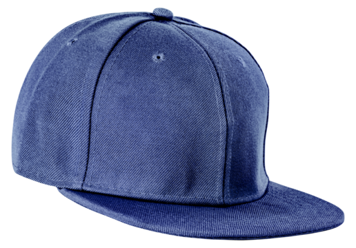 Denim blue snapback cap with flat brim isolated on transparent background. Perfect for casual outfits, urban style, and custom branding designs.