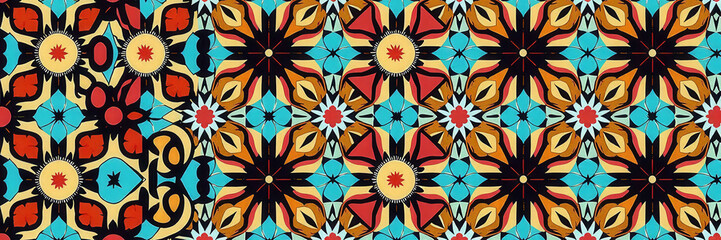 Fototapeta premium A colorful pattern of flowers and leaves with a blue background. The flowers are in various sizes and colors, and the leaves are also colorful. Scene is cheerful and vibrant