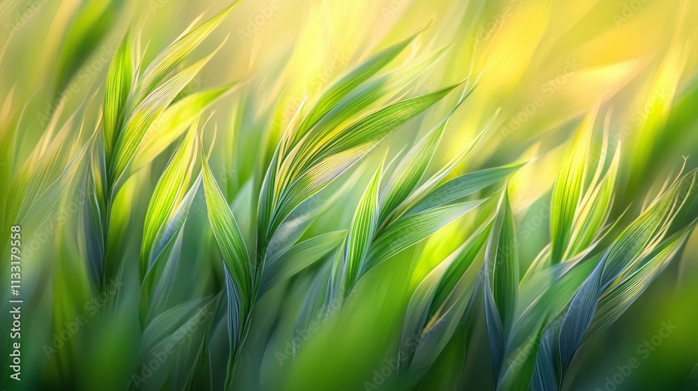 Poster tall blades of green grass sway rhythmically in the gentle wind, illuminated by the warm glow of the