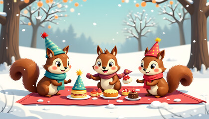 Fototapeta premium Playful cartoon scene of squirrels in scarves and hats enjoying a New Year's Eve picnic