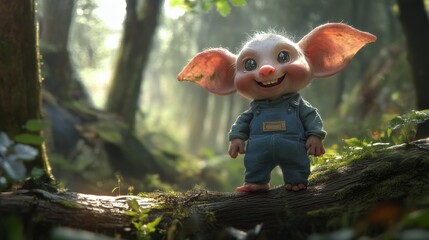 Whimsical 3D character with large ears, big eyes, and a joyful smile, dressed in denim overalls, standing on a forest log amidst dappled sunlight. Ideal for fantasy or children's content.. AI