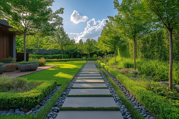 Fototapeta premium Photographie immobilière d'un jardin minimaliste contemporain avec chemin en pierre et haies soigneusement taillées
