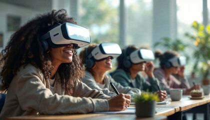 Diverse group of young adult university or high school students using virtual reality headsets in classroom, immersive educational experience using vr to study with innovative interactive technology