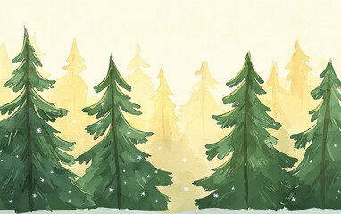 Obraz premium Snowflakes drifting through tall evergreens in serene forest scene