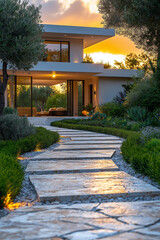 Fototapeta premium Photographie immobilière d'un jardin minimaliste contemporain avec chemin en pierre et haies soigneusement taillées