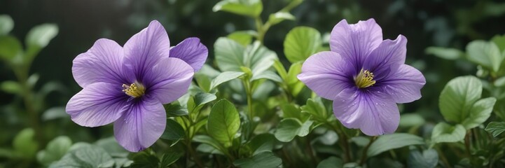 Wild violet flower with soft pastel petals and lush green foliage, outdoor, garden
