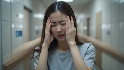 Fototapeta premium Asian woman with long brown hair, wearing a gray shirt, cover her head in a hallway, looking distressed