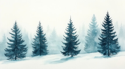 Fototapeta premium Misty evergreen trees in serene winter landscape create tranquil atmosphere