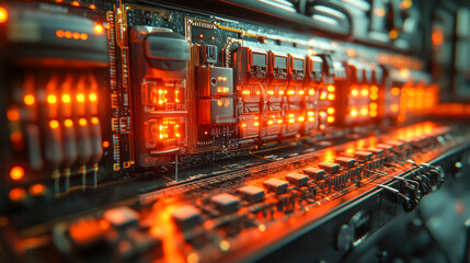 Fototapeta premium Detailed close-up of an advanced circuit board glowing with orange LED lights, showcasing intricate technology and components