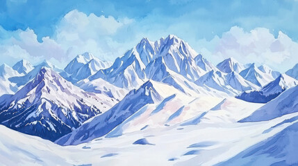 Fototapeta premium Snowy mountains under bright blue sky create serene landscape