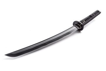 A modern katana with a perfectly honed edge, positioned diagonally on a white background.