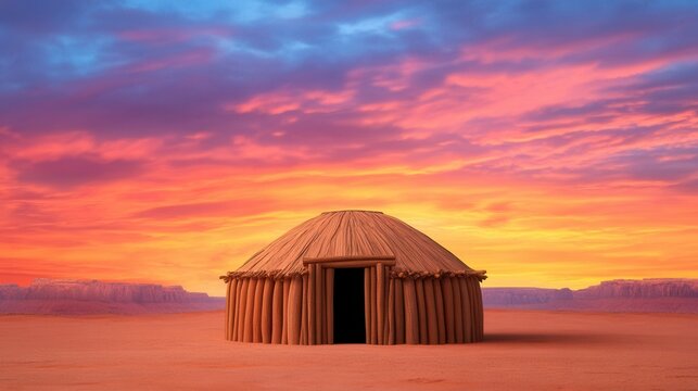 a traditional Navajo hogan with a wooden frame and mud walls