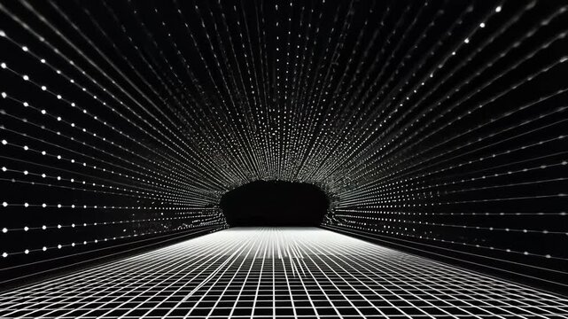 Digital Light Pattern Tunnel Illustration in 3D Technology with Binary Code and Blue Grid Texture Wallpaper
