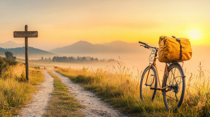 Fototapeta premium bicycle with travel bag rests on scenic path at sunrise