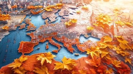 Autumn in Europe: A 3D Map Embellished with Golden Leaves