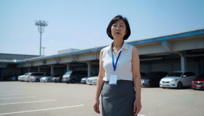 Naklejka premium A woman with black hair in a bun, wearing a white shirt and blue lanyard, stands in a parking lot