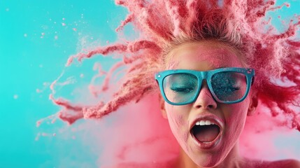 A woman with neon pink hair and blue glasses is covered in pink powder, expressing joy and exuberance against a striking blue and pink background.