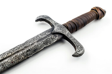 A Viking sword with a rune-engraved blade and leather-wrapped hilt, set against a white background.