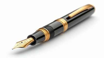 Close-up of a black fountain pen with gold accents, lying on a white background.