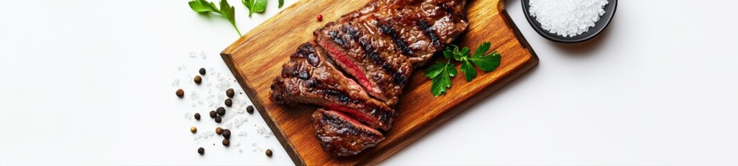 Grilled Steak on Wooden Board with Salt and Pepper, Isolated on White Background, Top View for mockup