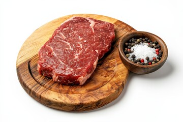 Grilled Steak on Wooden Board with Salt and Pepper, Isolated on White Background, Top View for mockup