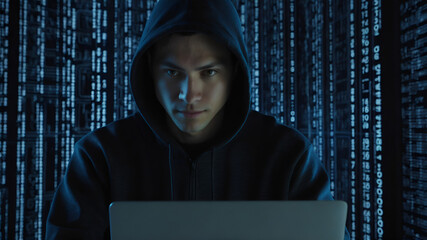 Portrait of a hacker against digital background 